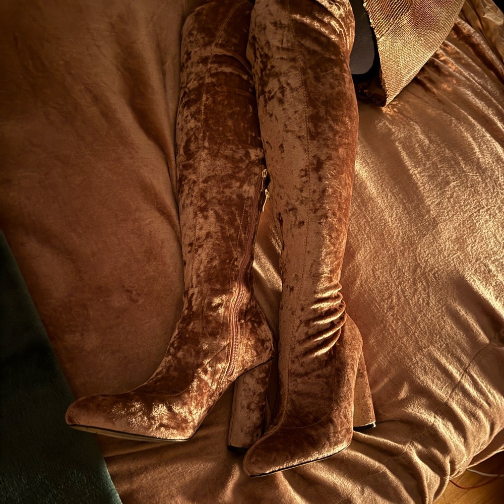 Pink velvet knee high boots